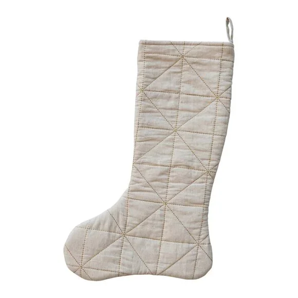 Creative Co-Op Quilted Cotton & Linen Stocking w/ Metallic Gold/NWT - Picture 2 of 7